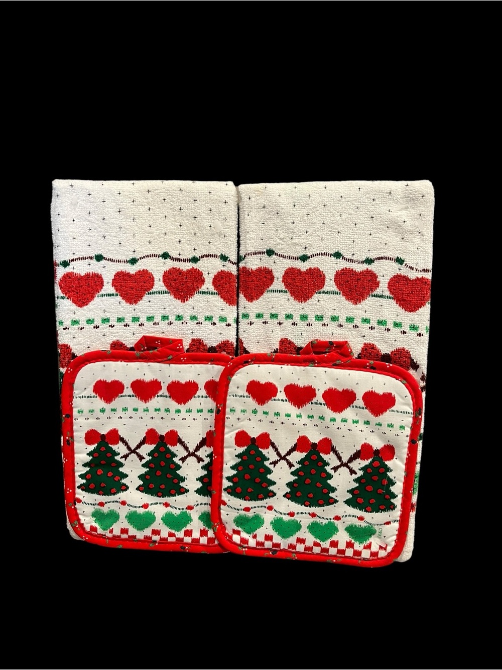 B&D Royal Terry Fair Isle Christmas Tree Hearts Kitchen Towel Pot Holders Set